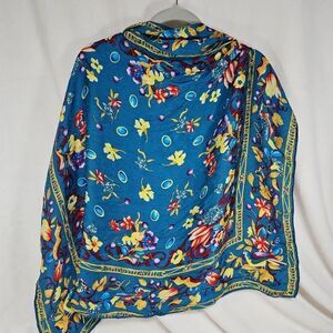 Sophistcated Teal Blue, Gold, Red Square Floral Bordered Silk Scarf 31" x 31"